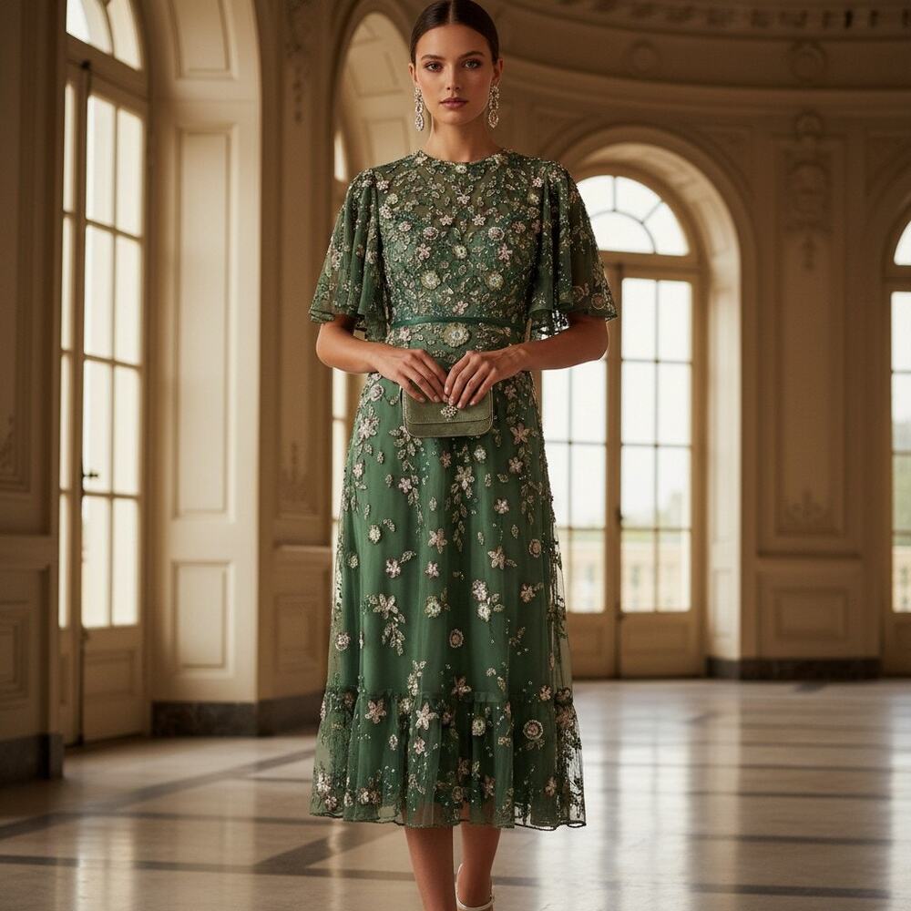 Mac Duggal Floral Beaded Mesh Midi Dress – Size 10 – Sage – NWT – Style 6162